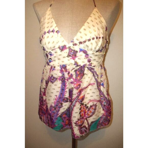 TIBI Cream-Gold & Multi-colored Floral Print Silk Halter Top Blouse Shirt 6 - Picture 2 of 11